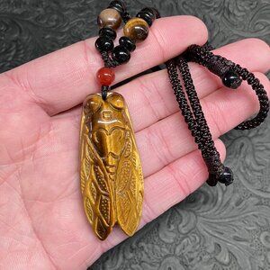 Tigers Eye Carved Cicada Bug Necklace (2)